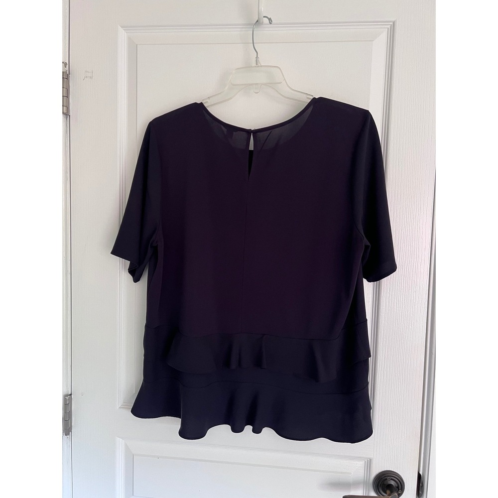 Ann Taylor Navy Blue Ruffle Peplum Blouse Short Sleeve XL Office Lagenlook Top - Picture 7 of 7